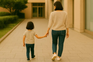 女性と子供が手をつなぐ後ろ姿