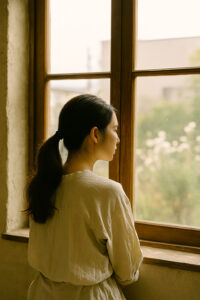 窓際で物思いにふける後ろ姿の女性