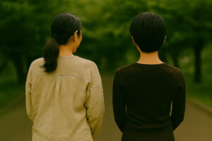 後ろ姿の母と娘