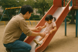 公園で大人と子供が遊ぶイラスト