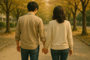 夫婦が手をつなぐ後ろ姿