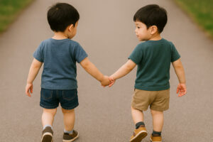 双子の男の子が手をつなぐ後ろ姿の写真