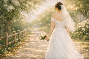 ウェディングドレスを着た花嫁の後ろ姿