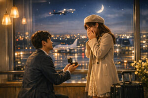 夜の空港でのプロポーズ