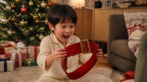 サンタがベルトを置き忘れて子供が喜んでる画像